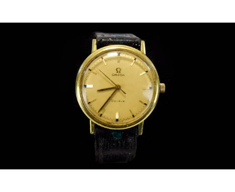 Omega Gents Gold Capped Case Manual Wind Wrist Watch with Attached Leather Strap. Gold Markers, Seconds Sweep. c.1960's / 197