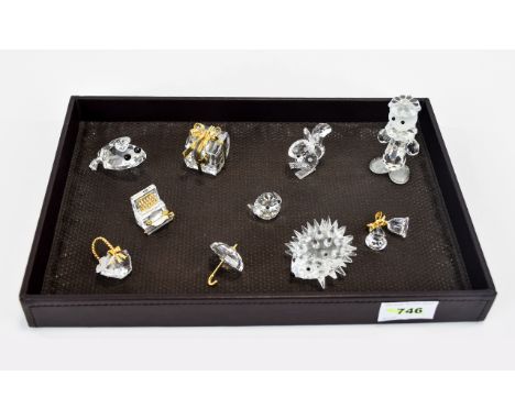 Swarovski Cut Crystal Miniature Figures ( 10 ) Ten In Total. Comprises 1/ Typewriter. 2/ Umbrella. 3/ Hedgehog. 4/ Frog. 5/ B
