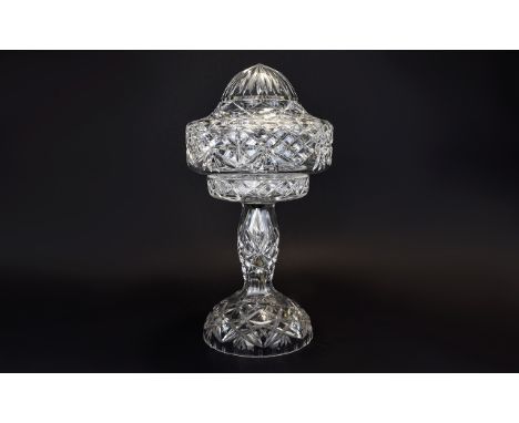 Art Deco Large Cut Glass Table Lamp fitted with dome shaped shade, with star cut top, Raised on a baluster shaped pedestal ba