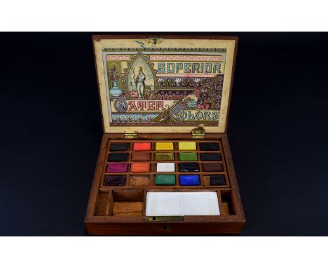 Boxed Antique WaterColour  Field Set Housed in wooden hinged box by 'W.F Stanley & Co Ltd' contains 19 pans of watercolour in