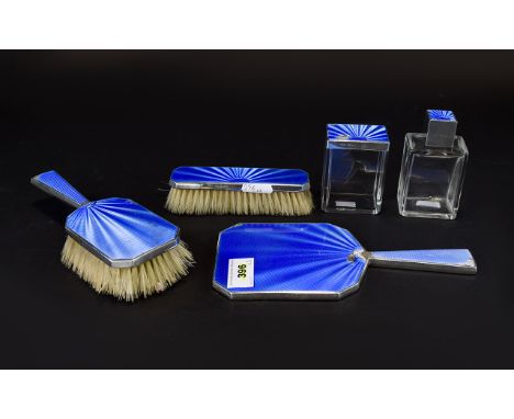 Ladies 1930's Silver And Enamel Vanity Set Five piece dressing table set to include paddle brush, hand mirror, perfume bottle