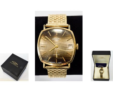Rotary - Gents 9ct Gold Date-Just Mechanical Watch with Attached 9ct Gold Mesh Bracelet. Fully Hallmarked. Features Black Dia