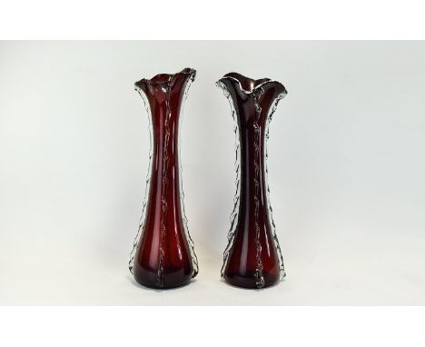 Murano - Pair of Hand Blown Tall Ruby Red Coloured Vases with Applied Clear Glass and Elongated Tear Drops, Decoration to Bod