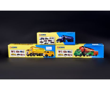 Three Corgi Classics Including an Ever Ready Scammell highwayman tanker set number 16303, a Shell/Bp Bedford S Type articulat