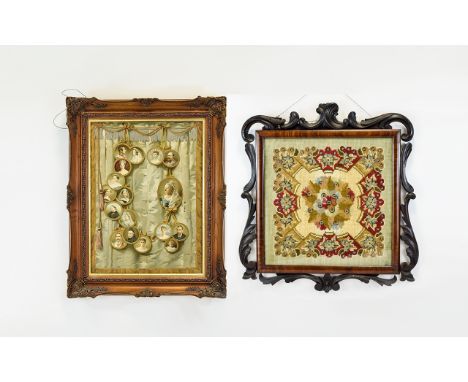 A Late 19th Century Framed Tapestry Small square heavy wool tapestry in red and cream with central floral motif and cut metal