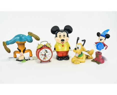 Collection of Walt Disney Collectables. Includes Mickey Mouse Alarm Clock, Pluto Nodding Figure, Magician Mickey Mouse, Goofy