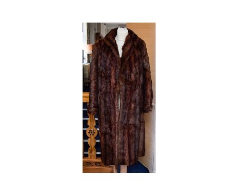 Rabbit Fur Coat, Ladies 3/4 length Coney fur coat in striped russet brown. Features revere collar, side seam pockets and hook