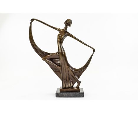 Contemporary Bronze Sculpture / Figure of a Modern Female Dancer In Elegant / Stylish Pose, Raised on a Black Marble Plinth. 