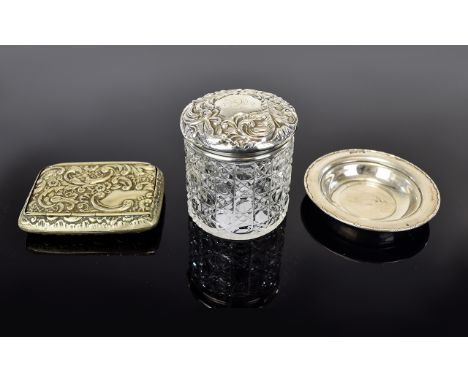 Small Collection of Silver Items. Including Glass Jar with Silver Lid, Silver Vesta Case & Silver Pin Tray. ( 3 ) In Total. 
