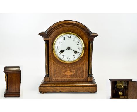 Junghans - German Late 19th Century Oak Cased 8 Day Mantel Clock, Strikes on a Gong, Hour and Half Hour. In Overall Good Cond