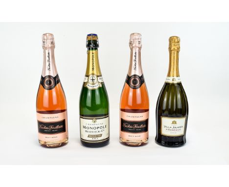 Three Bottles of Champagne. Includes Nicolas Feuillatte Chouilly Brut Rose Champagne x2, Monopole Heidsieck & Co Bronze Top B