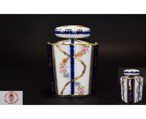 Royal Crown Derby Floral Decorated Bone China Lidded Caddy. Highlighted with Painted Gold Bands on Cobalt Blue Ground, Royal 