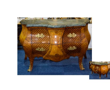 Rosewood and Maplewood Italian Bombe Shaped Commode, Green Marble Top, Ormolu Mounts, Shaped From 2 Drawers. Early Mid 20th C