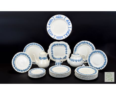 Wedgwood of Etruria Embossed Queensware ( 27 ) Piece Part Tea / Coffee Service, Blue and Cream Colour way. Comprises Large Te