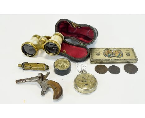 A Mixed Collection Of Antique Items And Ephemera Six items in total to include mother of pearl cased opera glasses, ladies mu