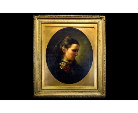 A Large and Impressive 19th Century Oil on Canvas ' Portrait of a Young Woman ' Within Original Period Frame - Gilt / Gesso o