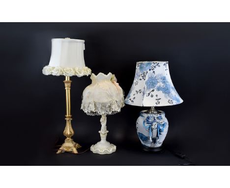 A Collection Of Small Table Lamps Three in total to include blue and white ceramic with attached ribbon trim, small cream lam