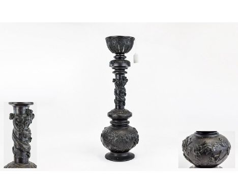 Large Bronze Incense Burner Globular Base With Applied Bird And Foliage Decoration, Tall Tubular Neck With Coiled Dragon Belo