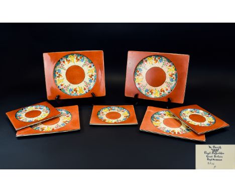 Royal Staffordshire Art Deco Period Set of Seven ( 7 ) Biarritz Plates ' Chloris ' Design, Multi-Coloured Lithograph Clarice 