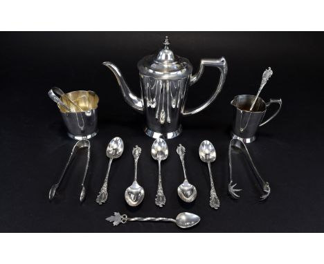 Embassy Silver Plated 3 Piece Single Tea Service + a Collection of Teaspoons and Sugar Nips ( 10 ) Pieces In Total. All Piece