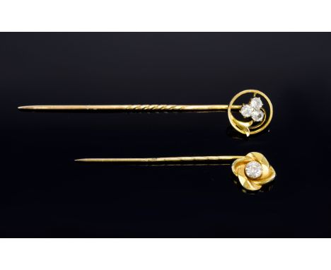 Antique Period 14ct Gold Diamond Set Stick Pin Set with three old cut diamonds marked 585 14ct gold. Est diamond weight 30 pt