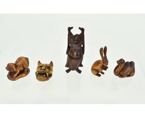 A Fine Collection of Japanese 19th Century Carved Signed Wooden Netsukes of Various Animals ( 3 ) In Total + A Signed Carved 