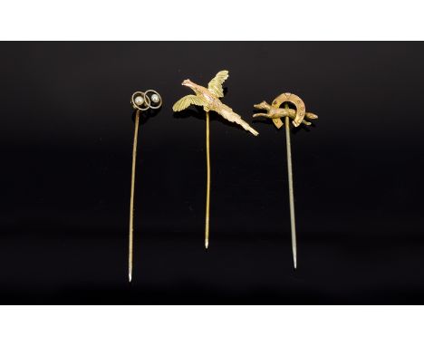 Antique- Period 18ct and 14ct Gold Stick Pins, Three (3) in total. Featuring Fox Jumping Through Horseshoe, Bird in Flight an