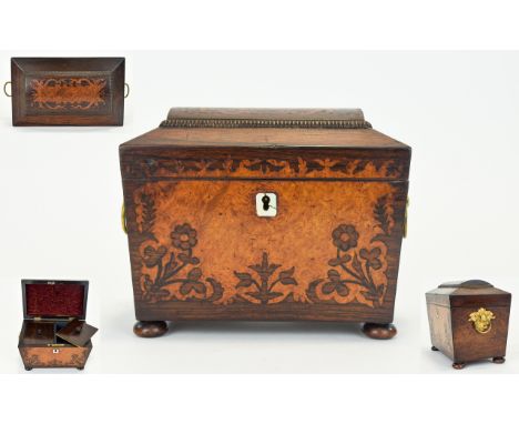 Regency Period Marquerty Inlaid Sarcophagus Shaped Mahogany and Yew Wood Fronted Tea Caddy ( Good Shape and Size ) Mother of 