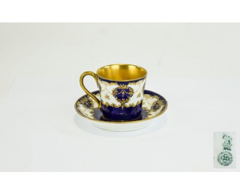 Royal Doulton Coffee Can Small, highly decorative Doulton espresso cup and saucer in midnight blue and gilt handpainted flora