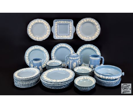 Wedgewood of Etruria Embossed Queensware ( 46 ) Piece Part Tea / Dinner Service. Blue and Embossed White Colour way. Comprise