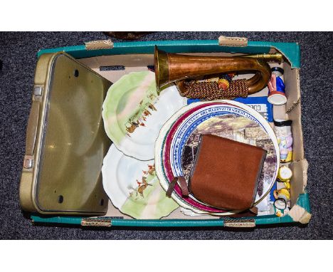 Box of Assorted Items including typewriter, bugle, camera, photos, ceramics etc