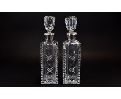 A Fine Pair of European 19th Century Silver Collared Cut Glass Decanters of Elegant Form. Silver Mark to Collar, Star Bases. 