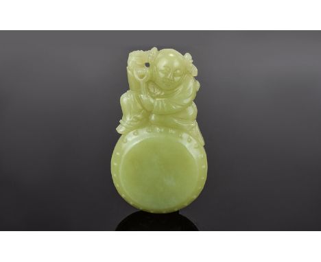Antique Period Chinese Yellow Jade Boy and Drum Pendant, of Very Fine Quality and Proportions. From a Private Collection. Siz