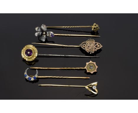 A Collection of Late 19th Century / Early 20th Century Gold Stone Set Stick Pins ( 7 ) Seven In Total. Set with Diamonds, Chi