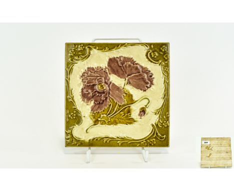Victorian Decorative Ceramic Porch/Fireplace Tile Circa 1870's an ornate earthenware tile in Arts And Crafts Style with pale 