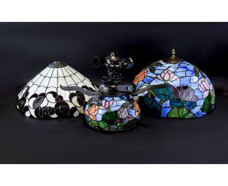 Reproduction Tiffany Style Leaded Glass Lamp And Ceiling Shade Large lamp with ornate blue and green glass base and large Tif