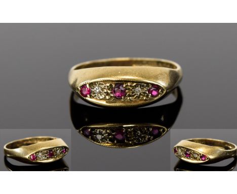 Edwardian 18ct Gold Set Ruby and Diamond Dress Ring. Fully Hallmarked for 18ct Gold. The 3 Rubies with Diamond Spacers. Excel