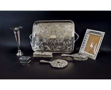 Small Collection of Silver Plated Ware including a rectangular handled tray, photo frame, dressing table set, small trinket p