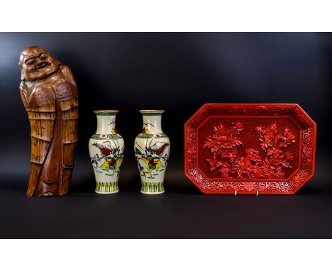 Oriental Interest Comprising A Large Carved Bamboo Buddha Figure, Height 17 Inches, Two Early 20thC Crackle Glaze Vases And A