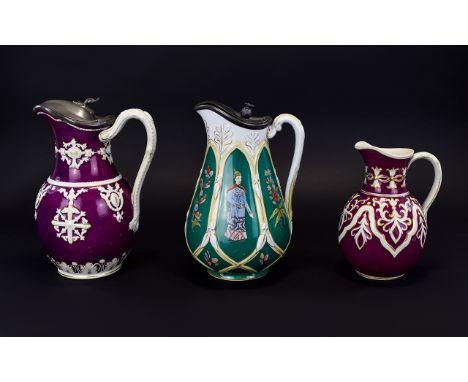 A Good Collection of Period Ceramic Lidded Jars (3) from the Mid 19thC 1. William Brownfield Corbridge Pewter Lidded Jug with