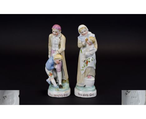 Conta and Boehme Pair of Hand Painted Mid 19th Century Ceramic Novelty Figures ( 2 ) c.1850's. The First Figure Depicts a You