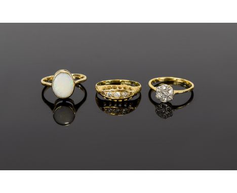 Antique 18ct Gold Set Diamond Rings ( 3 ) Two In Total. One a Cluster, The other a 3 Stone Diamond Ring, Marked 18ct Gold. Bo