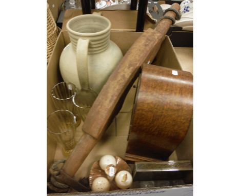 A box containing an oak dome-top mantle clock, a Carlton mushroom shaped cruet, wooden yoke, etc, together with a fire grate,