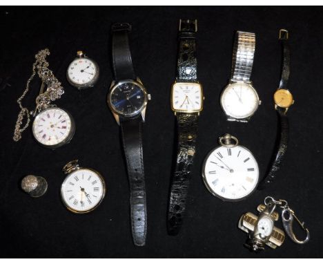 Assorted white metal and other pocket watches, wrist watches including examples by Rotary and Accurist, white metal dress rin