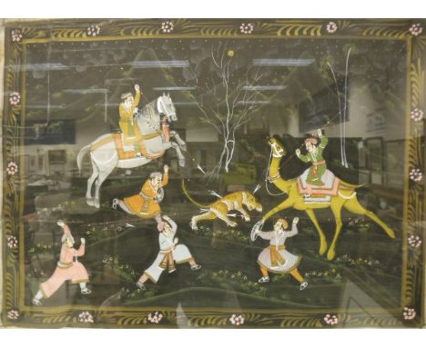 Assorted pictures, prints and mirrors to include 20TH CENTURY INDIAN SCHOOL "Tiger hunting", painting on fabric, unsigned, a 