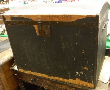 A stained pine wash stand with three quarter gallery top and single drawer to turned supports and a pine dome topped trunk