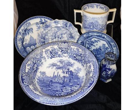 Two Spode "Tiber" decorated plates circa 1820, impressed "Spode" to base, together with three Chinese "Gardener" decorated pl