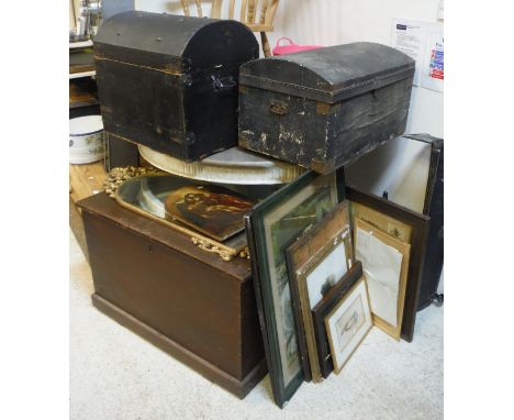 A stained lift-top trunk on a plinth base, two dome-top trunks (one bearing label for Dwallace...Bristol), assorted pictures,