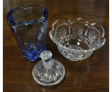 A Whitefriars light blue glass vase, a Liskeard clear glass vase, assorted further glassware, a pair of Zenith binoculars and