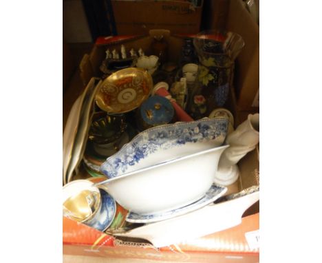 Two boxes of assorted decorative china to include Mason's style hydra jugs, blue and white plates, various glassware, etc